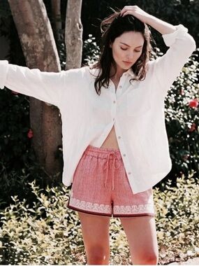 Anthropologie Drawstring Linen Shorts with Embroidered Hem